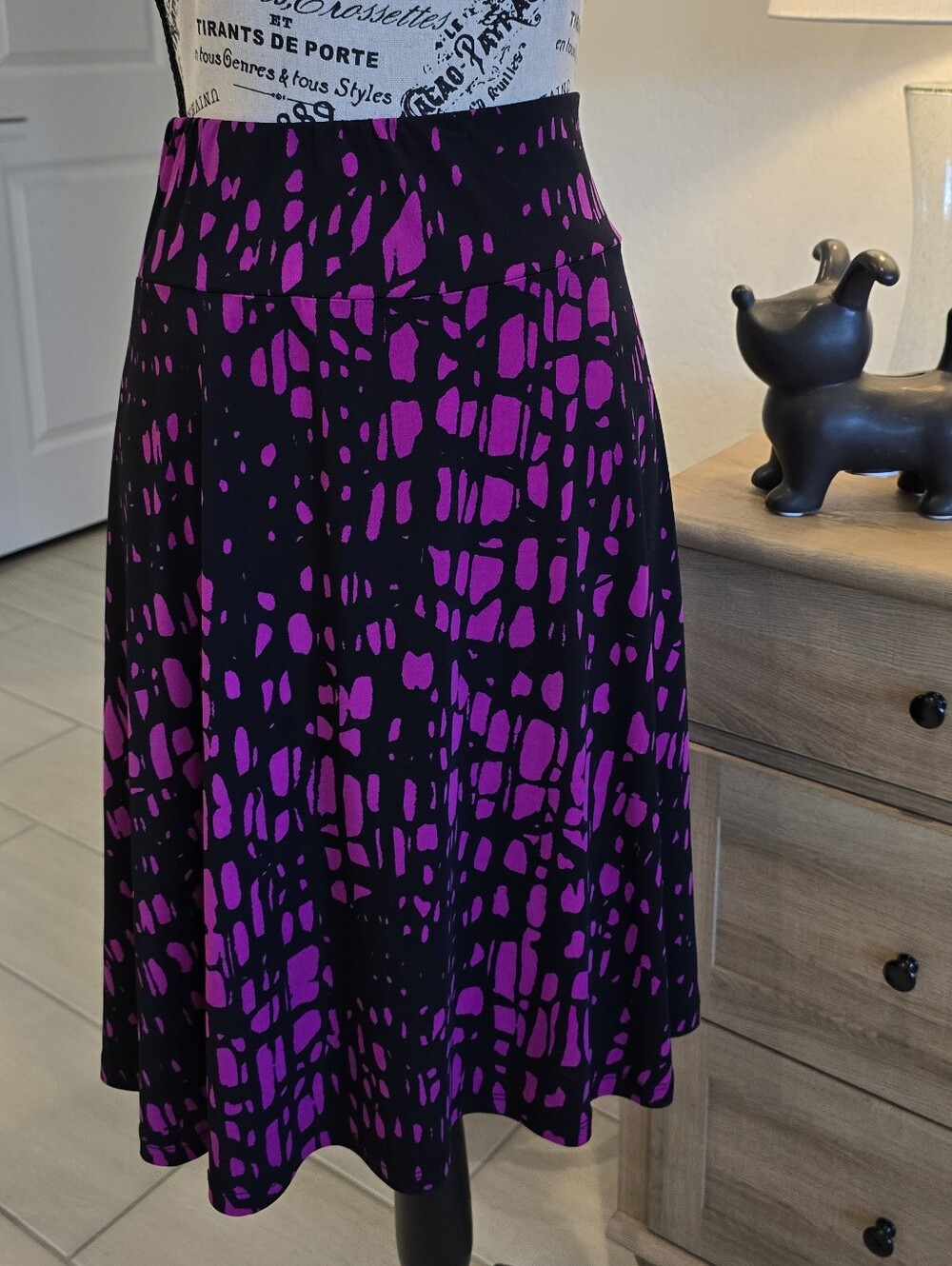 Women's A-Line Skirt in Black with Purple Pattern